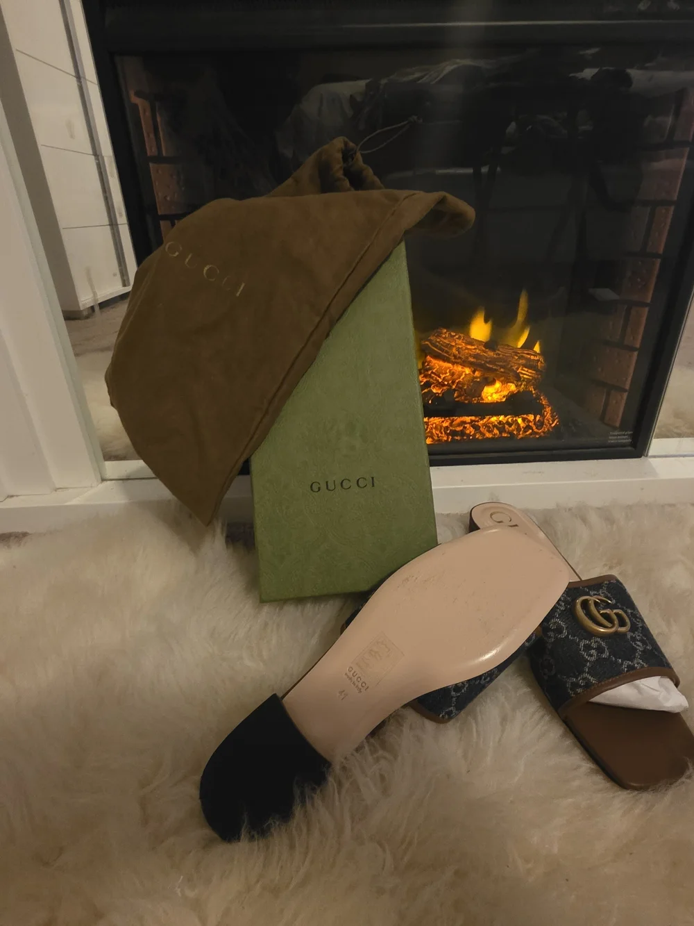 Gucci Brown Leather & Blue Monogram GG Slide Sandals with Gold Hardware